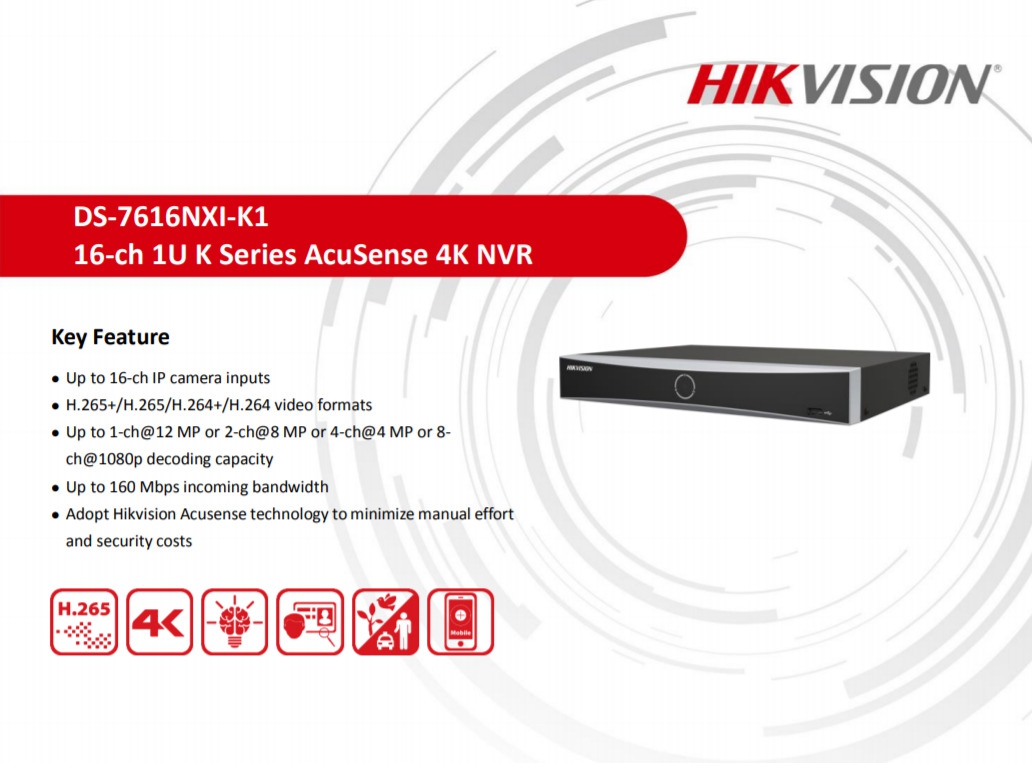Đầu ghi camera IP 16 kênh HIKVISION DS-7616NXI-K1 Ultra HD 4K 12MP AI nhận diện khuôn mặt - Hàng chính hãng