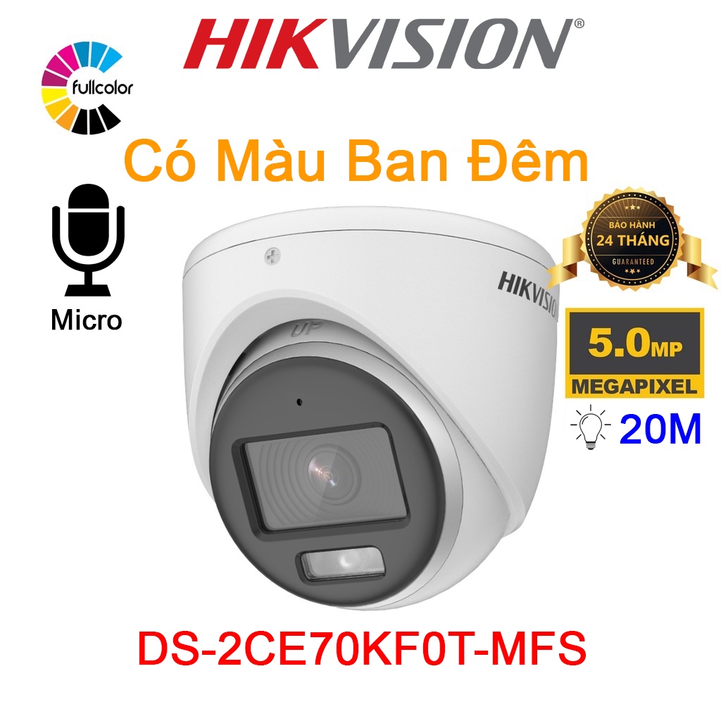 CAMERA HD-TVI ColorVu 5MP 3K HIKVISION DS-2CE70KF0T-MFS Tích hợp mic thu âm - Hàng Chính Hãng