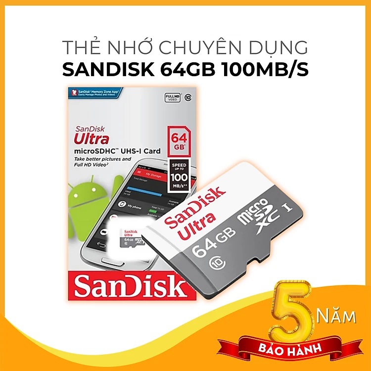 Thẻ nhớ Micro SD SanDisk Ultra 64GB UHS-I 100MB/s Class 10, Thẻ nhớ camera, Thẻ nhớ điện thoại - hàng chính hãng