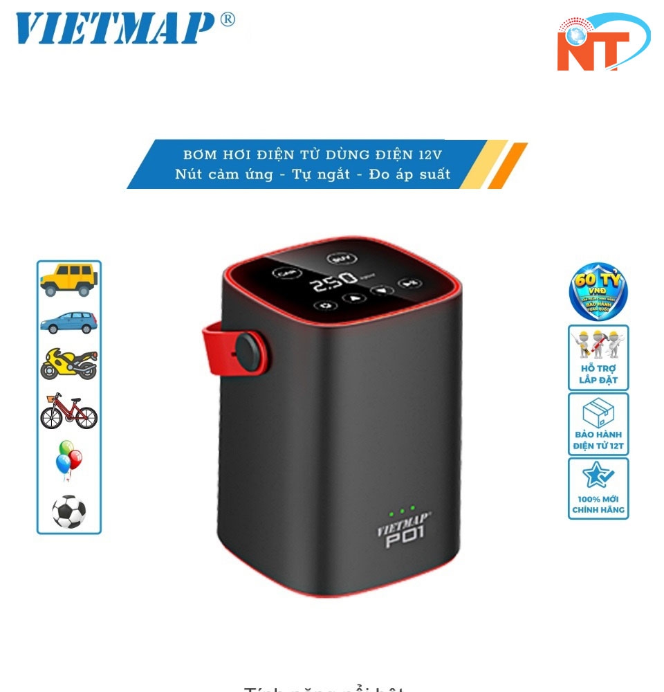 Bơm lốp điện tử Vietmap P01 - Đo áp suất - Ngắt tự động Màn hình LED cảm ứng - Hàng chính hãng