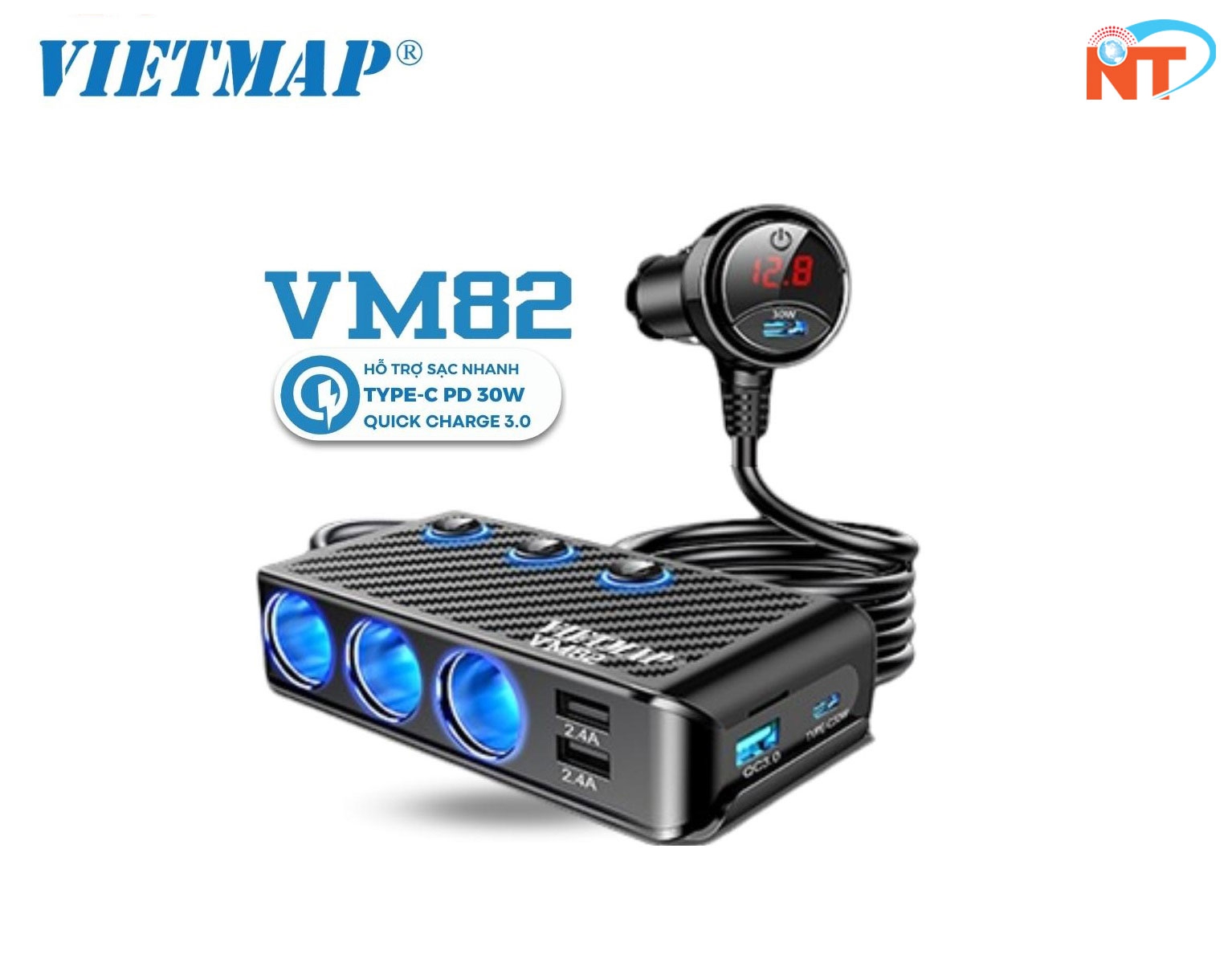 VIETMAP VM82 - Bộ chia sạc ô tô đa năng - Sạc nhanh Type-C PD 30W và QC 3.0 - Hàng chính hãng